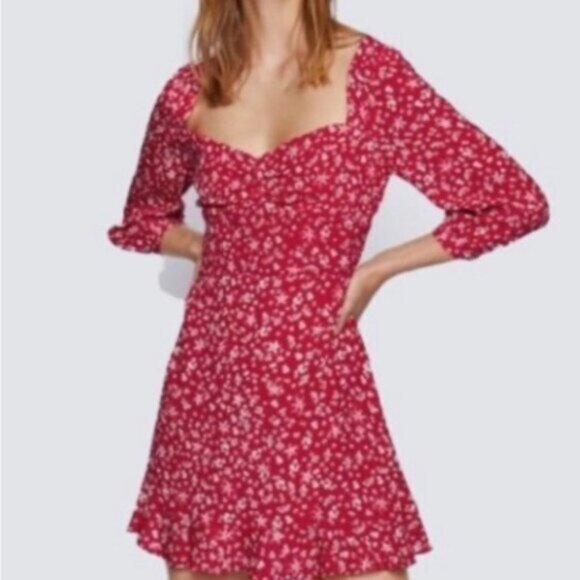 Zara Red & White Floral Mini Dress Sz M - Picture 4 of 8